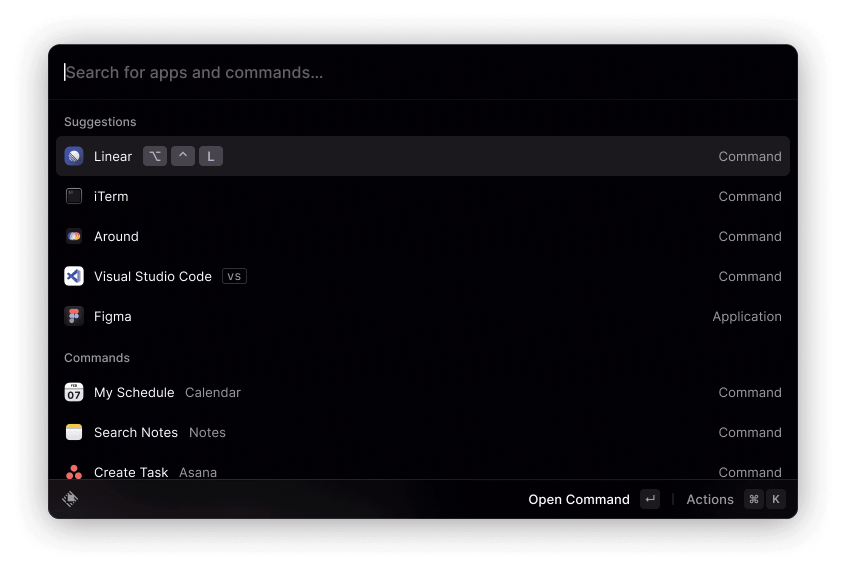 Example of Raycast window with an item with a keyboard shortcut set to launch it